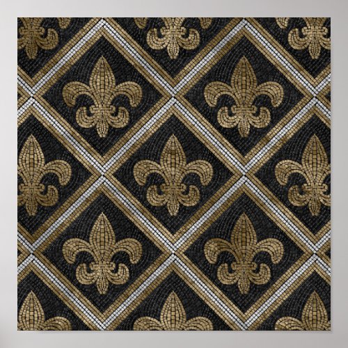 Fleur_de_lis mosaic tile pattern black and gold poster