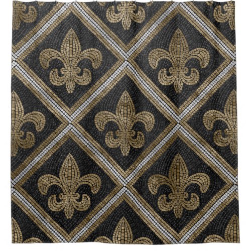 Fleur_de_lis mosaic tile pattern black and gold shower curtain