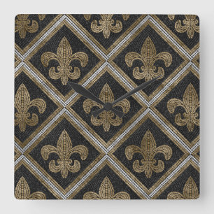Fleur-de-lis mosaic tile pattern black and gold square wall clock