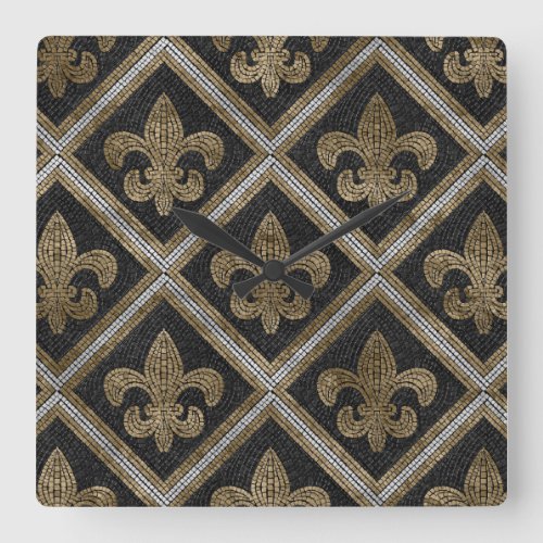 Fleur_de_lis mosaic tile pattern black and gold square wall clock