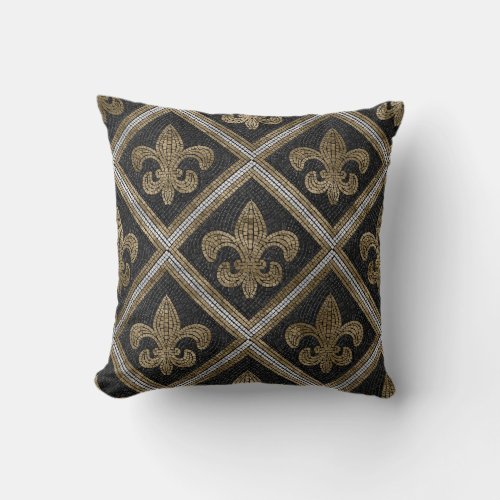 Fleur_de_lis mosaic tile pattern black and gold throw pillow