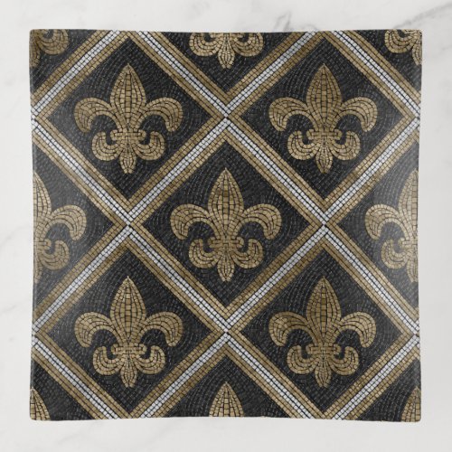 Fleur_de_lis mosaic tile pattern black and gold trinket tray