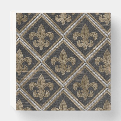 Fleur_de_lis mosaic tile pattern black and gold wooden box sign