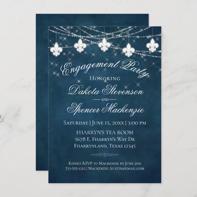 Fleur de Lis Navy Blue Lights | Rustic Engagement Invitation (Front/Back)