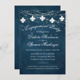 Fleur de Lis Navy Blue Lights Rustic Engagement Invitation