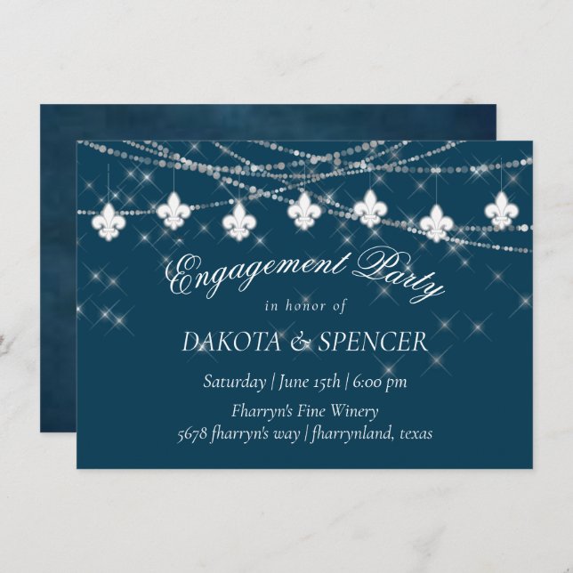 Fleur de Lis Navy Blue Lights | Rustic Engagement Invitation (Front/Back)