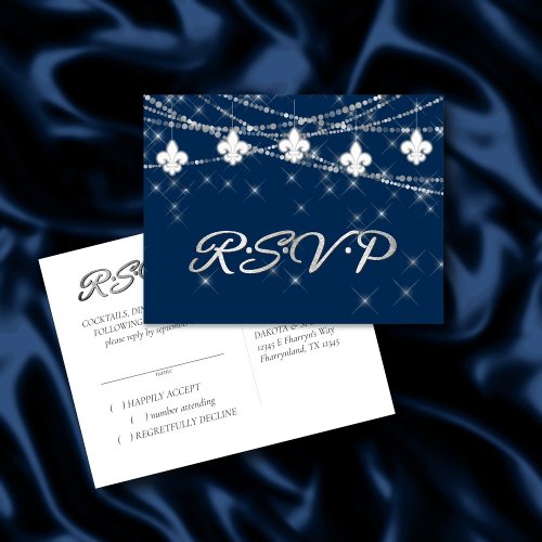 Fleur de Lis Navy Blue Lights  Rustic Reception Invitation Postcard