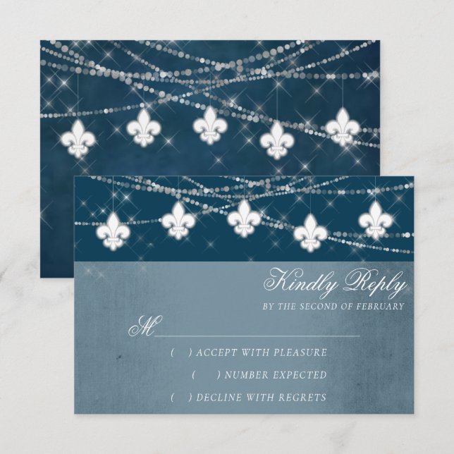 Fleur de Lis Navy Blue Lights | Rustic Script RSVP Card (Front/Back)