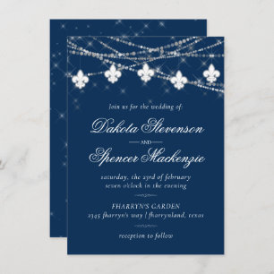 Fleur de Lis Navy Blue Lights   Rustic Wedding Invitation
