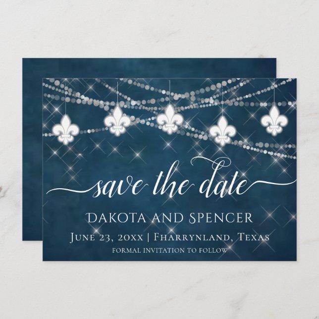 Fleur de Lis Navy Blue Lights | Rustic Wedding Save The Date (Front/Back)