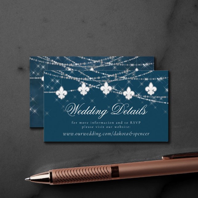 Fleur de Lis Navy Blue Lights | Wedding Website Enclosure Card (Creator Uploaded)