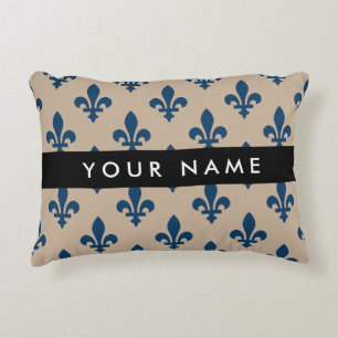 Fleur de Lis, Navy Blue on Beige, Royal, Your Name Accent Pillow