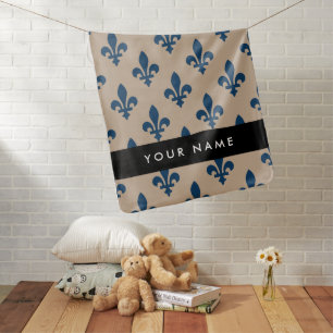 Fleur de Lis, Navy Blue on Beige, Royal, Your Name Baby Blanket