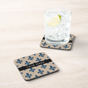 Fleur de Lis, Navy Blue on Beige, Royal, Your Name Beverage Coaster