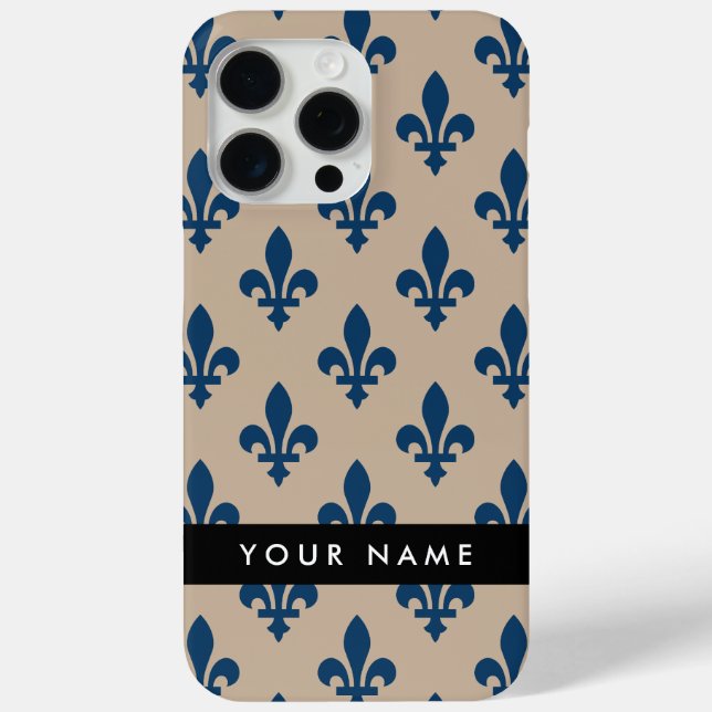 Fleur de Lis, Navy Blue on Beige, Royal, Your Name Case-Mate iPhone Case (Back)