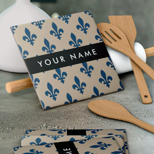 Fleur de Lis, Navy Blue on Beige, Royal, Your Name Ceramic Tile