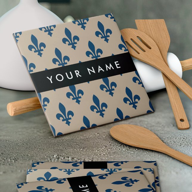 Fleur de Lis, Navy Blue on Beige, Royal, Your Name Ceramic Tile (Creator Uploaded)