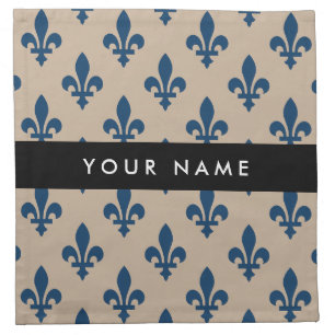 Fleur de Lis, Navy Blue on Beige, Royal, Your Name Cloth Napkin