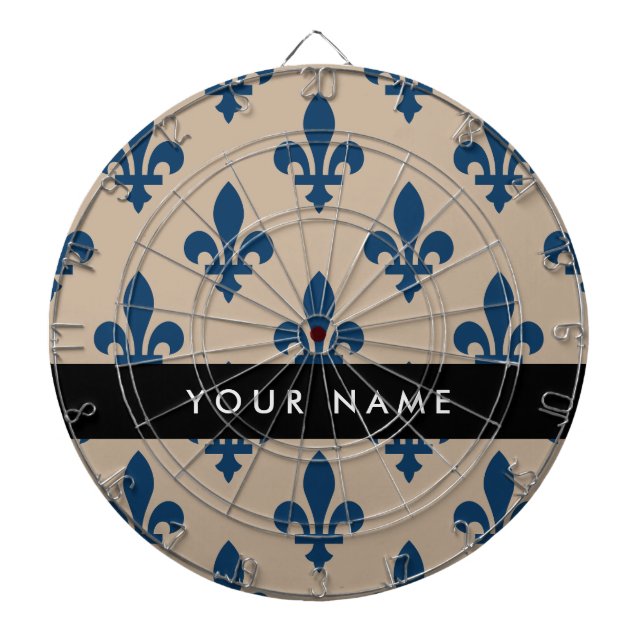 Fleur de Lis, Navy Blue on Beige, Royal, Your Name Dart Board (Front)