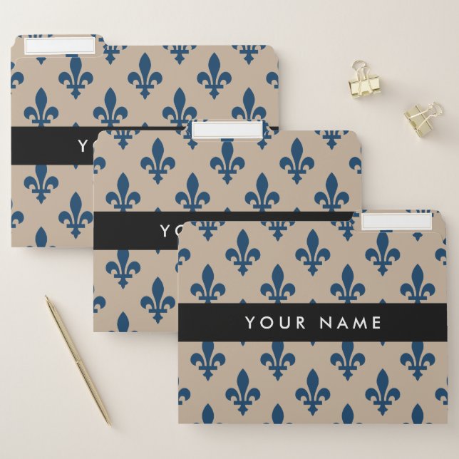 Fleur de Lis, Navy Blue on Beige, Royal, Your Name File Folder (Set)