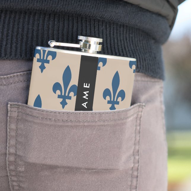 Fleur de Lis, Navy Blue on Beige, Royal, Your Name Flask (In Situ)