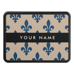Fleur de Lis, Navy Blue on Beige, Royal, Your Name Hitch Cover