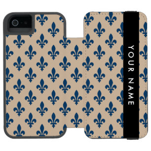 Fleur de Lis, Navy Blue on Beige, Royal, Your Name iPhone SE/5/5s Wallet Case
