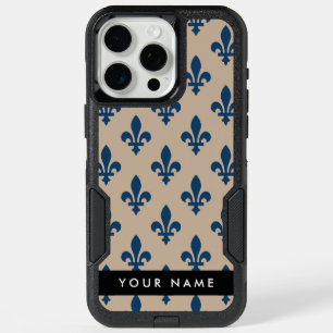 Fleur de Lis, Navy Blue on Beige, Royal, Your Name iPhone 15 Pro Max Case