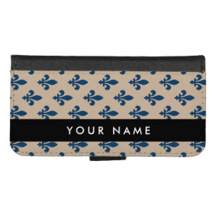 Fleur de Lis, Navy Blue on Beige, Royal, Your Name iPhone 8/7 Wallet Case