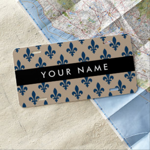 Fleur de Lis, Navy Blue on Beige, Royal, Your Name License Plate