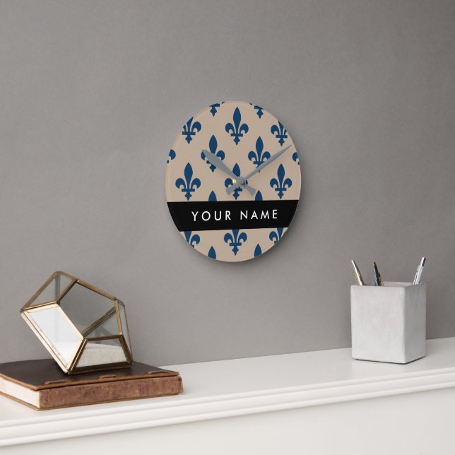 Fleur de Lis, Navy Blue on Beige, Royal, Your Name Round Clock (Office)