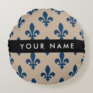 Fleur de Lis, Navy Blue on Beige, Royal, Your Name Round Pillow