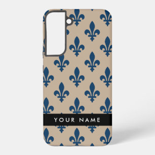 Fleur de Lis, Navy Blue on Beige, Royal, Your Name Samsung Galaxy S22+ Case