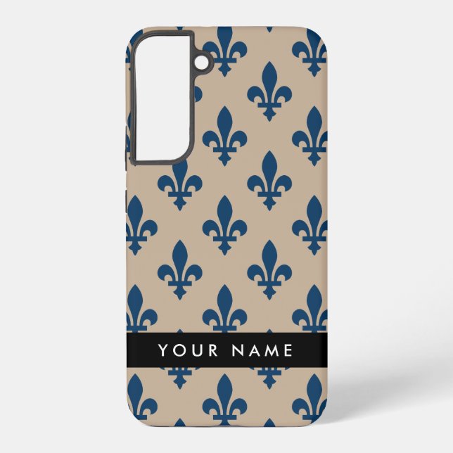 Fleur de Lis, Navy Blue on Beige, Royal, Your Name Samsung Galaxy Case (Back)