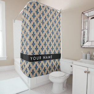 Fleur de Lis, Navy Blue on Beige, Royal, Your Name Shower Curtain