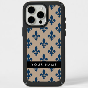 Fleur de Lis, Navy Blue on Beige, Royal, Your Name iPhone 15 Pro Max Case