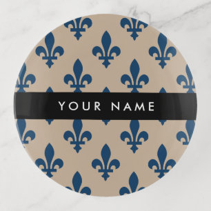 Fleur de Lis, Navy Blue on Beige, Royal, Your Name Trinket Tray