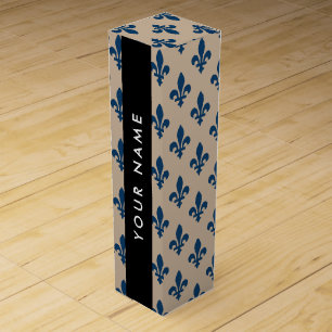 Fleur de Lis, Navy Blue on Beige, Royal, Your Name Wine Box