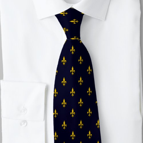 Fleur De Lis Navy Blue Yellow Neck Tie