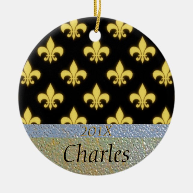 Fleur de Lis New Orleans Black Gold Personalized Ceramic Ornament (Front)