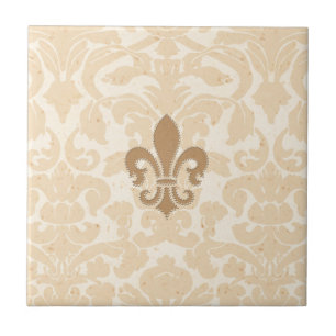Fleur de Lis on Beige Damask Tile
