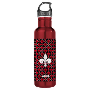Fleur-de-Lis on Black & Red Checkered Stainless Steel Water Bottle
