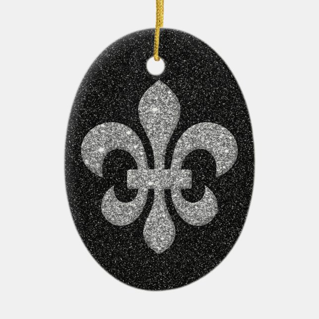 fleur-de-lis on black white glittery effect ceramic ornament (Front)