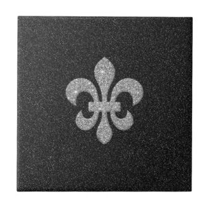 fleur-de-lis on black white glittery effect tile