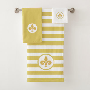 Fleur de Lis on Golden & White Striped Bath Towel Set