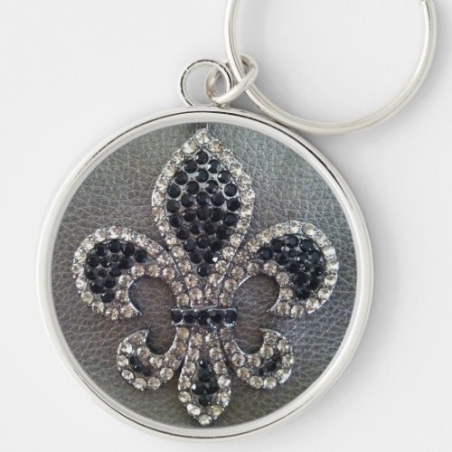 Fleur de lis on pewter leather print keychain