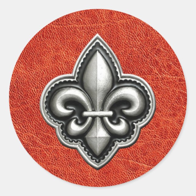 Fleur de Lis on Red Leather Look Classic Round Sticker (Front)