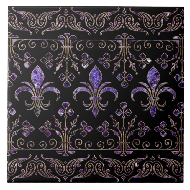 Fleur-de-lis ornament Amethyst purple Ceramic Tile (Front)