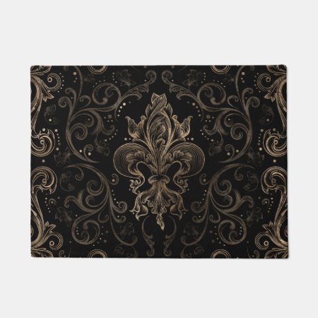 Fleur-de-lis Ornament Black And Gold Doormat