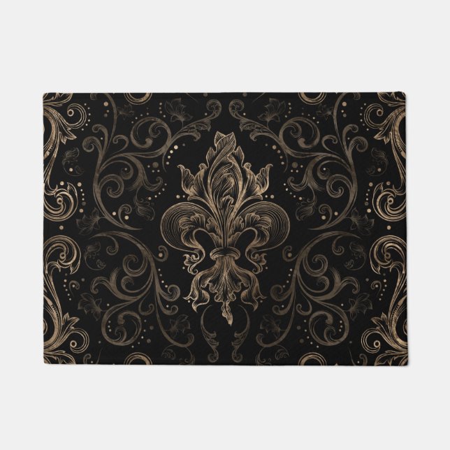 Fleur-de-lis ornament Black and Gold Doormat (Front)